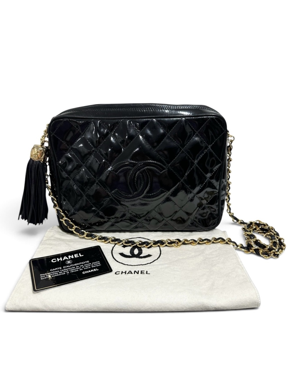 Chanel Matelasse Quilted Black Patent Leather Vintage Camera Bag